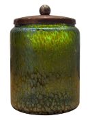 19TH CENTURY LOETZ IRIDESCENT LIDDED PRESERVE POT IN GREEN / BLUE