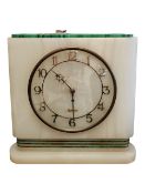 1930S ART DECO ROTHERHAM ALABASTER AND MALACHITE MANTEL CLOCK