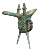 19TH CENTURY CHINESE JUE BRONZE WINE VESSEL