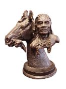 20TH CENTURY VINTAGE BRONZED SPELTER STATUE / BUST OF A NATIVE AMERICAN WITH A HORSE