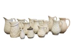 COLLECTION OF 19TH CENTURY PARIAN WARE STONEWARE WHITE JUGS / PITCHERS