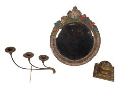20TH CENTURY BARBOLA EASEL MIRROR WITH BRASS INKWELL & CANDLESTICK HOLDER