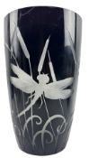 VINTAGE FRENCH BLACK / AMETHYST CUT GLASS WITH INCISED FROTSTED DRAGONFLIES & BULLRUSHES