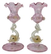 MURANO - PAIR OF VINTAGE GLASS CANDLESTICK CENTREPIECES WITH GILT DOLPHIN STEMS