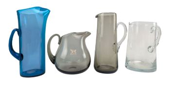 MIXED SELECTION OF FOUR STUDIO ART GLASS JUGS / EWERS