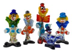 FIVE VINTAGE MID CENTURY ITALIAN MURANO GLASS CLOWN FIGURES