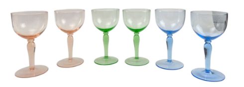 SET OF SIX MULTI COLOURED ART DECO WINE GLASSES