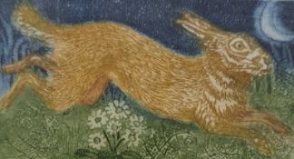 JULIA MANNING (BRITISH, CONTEMPORARY) - RUN RABBIT RUN - LIMITED EDITION COLOURED ETCHING