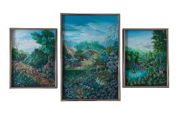 JEAN-PIERRE VILME (HAITI, 20TH CENTURY) - THREE OIL ON CANVAS LANDSCAPE PAINTINGS
