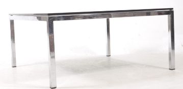 MANNER OF MERROW ASSOCIATES CHROME AND SMOKED GLASS SQUARE COFFEE TABLE