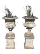 TWO 20TH CENTURY STONE GARDEN CAMPANA URN PLANTERS
