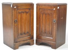 PAIR OF JACOBEAN REVIVAL OAK LINEN FOLD BEDSIDE CABINETS