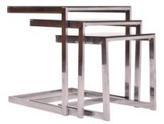 BRITISH MODERN DESIGN VINTAGE BLACK GLASS & CHROME NEST OF TABLES
