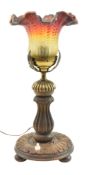 ART DECO CIRCA 1930S GLASS & CARVED WOOD DESK TABLE LAMP