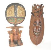 LATE 20TH CENTURY WOODEN AFRICAN AKUABA FERTILITY FIGURE AND MASK