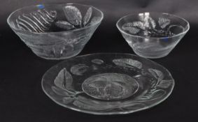 NUUTAJARVI - THREE 1970S FINNISH PEONY PATTERNED GLASS DISHES