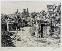 RAYMOND TEAGUE COWERN - VEZELAY - 1937 DRYPOINT ETCHING