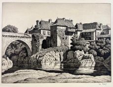 IAN STRANG R.E. - HOUSES BY THE BRIDGE, ORTHEZ - DRYPOINT ETCHING