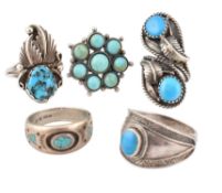 COLLECTION OF FIVE 925 SILVER & TURQUOISE RINGS
