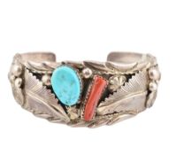 LESTER CRAIG NAVAJO SILVER CORAL & TURQUOISE BANGLE