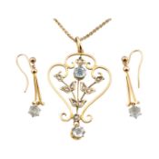 EARLY 20TH CENTURY ART NOUVEAU AQUAMARINE & PEARL PENDANT NECKLACE & EARRINGS
