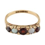 HALLMARKED 9CT GOLD GARNET & OPAL FIVE STONE RING