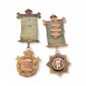 TWO 9CT GOLD HALLMARKED MASONIC ENAMEL SET JEWEL MEDALS