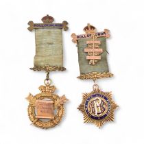 TWO 9CT GOLD HALLMARKED MASONIC ENAMEL SET JEWEL MEDALS