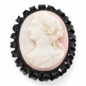 19TH CENTURY JET CARVED SHELL CAMEO BROOCH