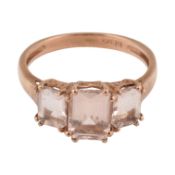 HALLMARKED 9CT ROSE GOLD AND MORGANITE THREE STONE RING