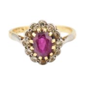 18CT GOLD, PLATINUM, RUBY & DIAMOND CLUSTER RING