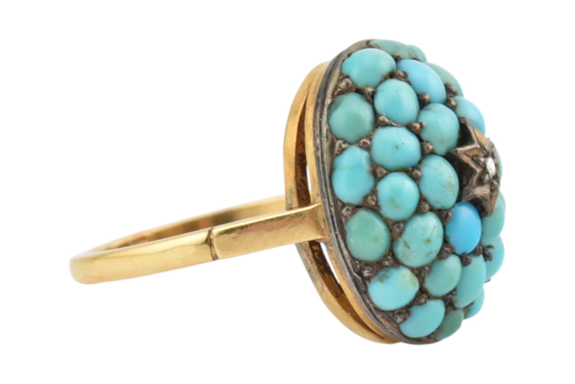 19TH CENTURY DIAMOND AND TURQUOISE BOMBE CLUSTER RING - Image 2 of 4