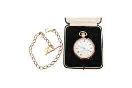 1920S HALLMARKED 9CT GOLD SWISS OPENFACE POCKET WATCH CHAIN & FOB