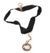 VICTORIAN GOLD MOUNTED RIBBON WATCH CHAIN FOB