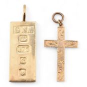 HALLMARKED 9CT GOLD INGOT PENDANT & 9CT GOLD CROSS PENDANT