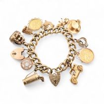 VINTAGE 9CT GOLD CHARM BRACELET INCLUDING HALF & FULL SOVEREIGN
