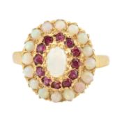 HALLMARKED 9CT GOLD OPAL & RUBY CLUSTER RING