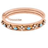 19TH CENTURY GOLD PEARL TURQUOISE HINGED BANGLE