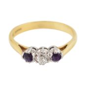 18CT GOLD AMETHYST & DIAMOND THREE STONE RING
