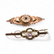 HALLMARKED 9CT GOLD PEARL & RED STONE BROOCH WITH ANOTHER