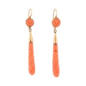 A PAIR OF 19TH CENTURY GOLD & CORAL PENDANT EARRINGS