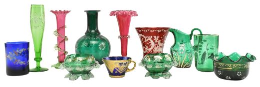 COLLECTION OF VICTORIAN 19TH CENTURY DECORATIVE GLASS VASES & TRINKET DISHES