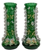 PAIR OF MARY GREGORY STYLE EMERALD GLASS FLORAL VASES