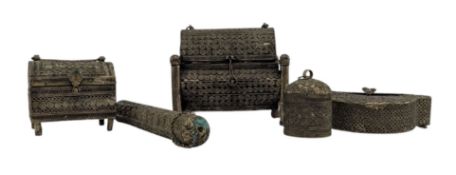 COLLECTION OF FIVE 20TH CENTURY MIDDLE EASTERN YEMENI METAL BOXES & OTHERS