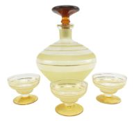 VINTAGE MID CENTURY LEMON COLOURED FROSTED GLASS DECANTER & SNIFTER SET