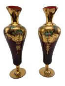 PAIR OF VENETIAN 20TH CENTURY RUBY GLASS & GILT BALUSTER VASES