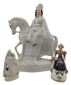 19TH CENTURY STAFFORDSHIRE FLATBACK FIGURE ON HORSE T/W TWO MORE