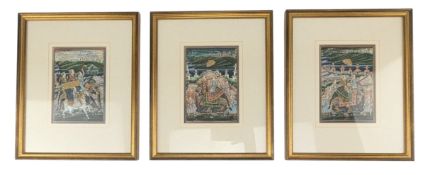 THREE INDIAN MAGHUL PAINTINGS ON SILK WITH ELEPHANTS