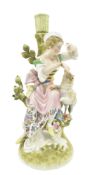 GERMAN 19TH CENTURY PORCELAIN BISQUE CANDLESTICK WITH LADY & SHEEP