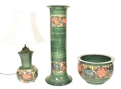 JERSEY POTTERY - THREE HAND PAINTED CERAMIC LAMP, PLANTER & JARDINIERE